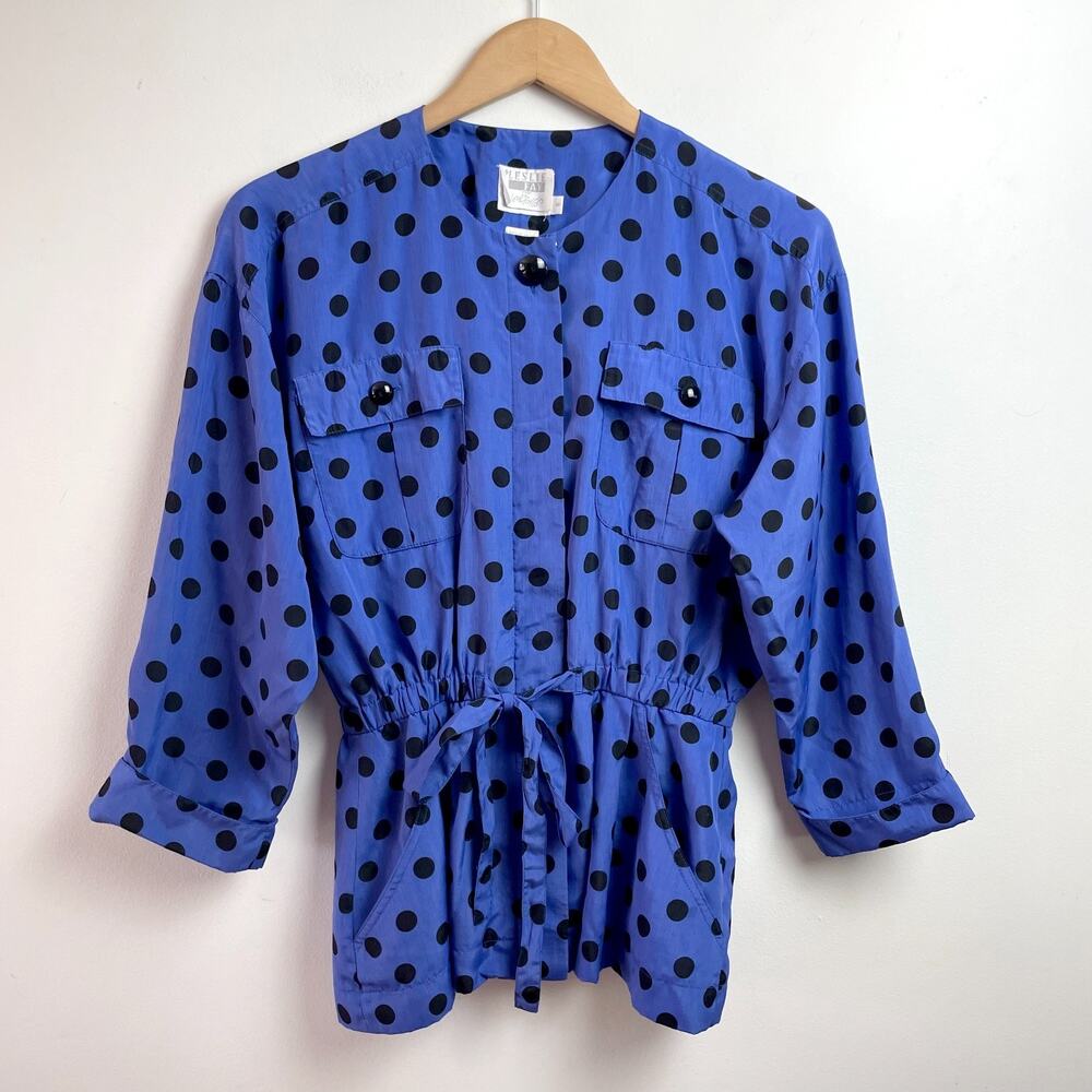 Vintage 80s 90s Polka Dot Top Sz 6‎ Blue Quirky Twee Dopamine Statement Retro